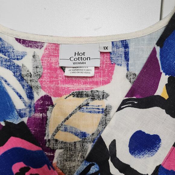 Hot Cotton Womens Linen Tunic Top Plus Size 1X Bright Watercolor Orchid Print - Picture 7 of 11